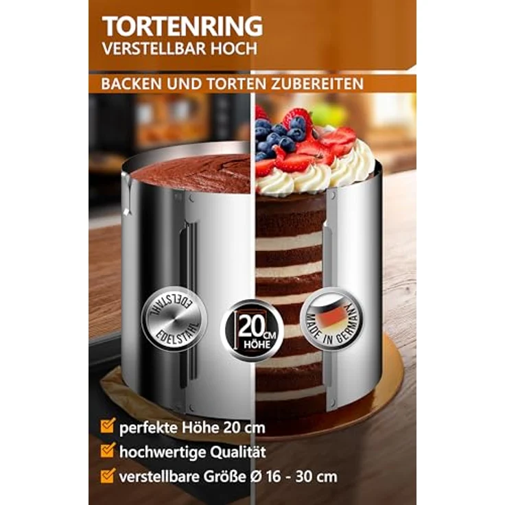 4smile Tortenring verstellbar 16-30 cm, 20 cm hoher Backring aus Edelstahl, stabile Tortenform - Kuchenring rund verstellbar, Backrahmen rund zum Backen und Dekorieren – Bild 3