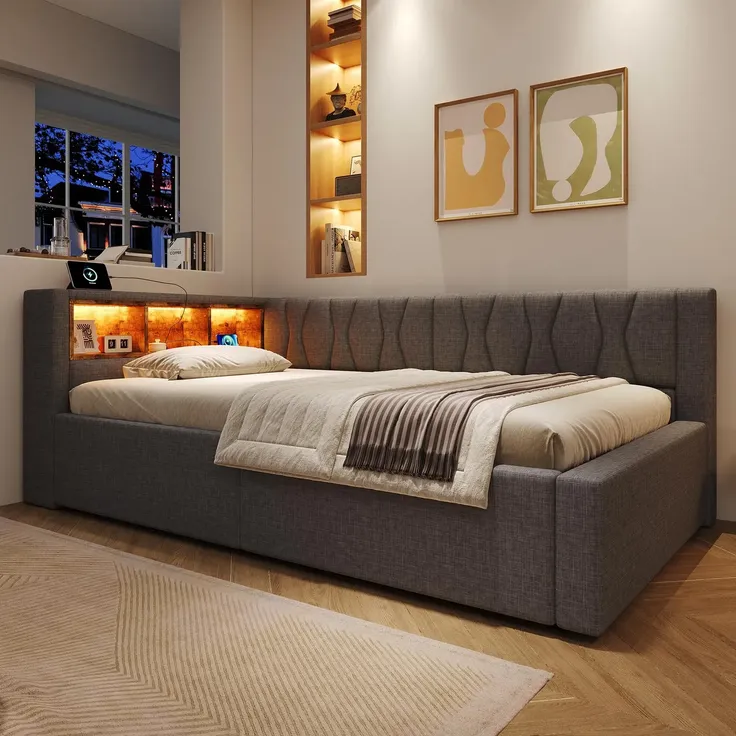 Schlafsofa mit LED-Streifen, Lattenrost, Regal, Rückenlehne, Aufbewahrung, Type-C und USB, 90x200 cm, Polsterbett, Einzelbett, Tagesbett, Leinen – Bild 3