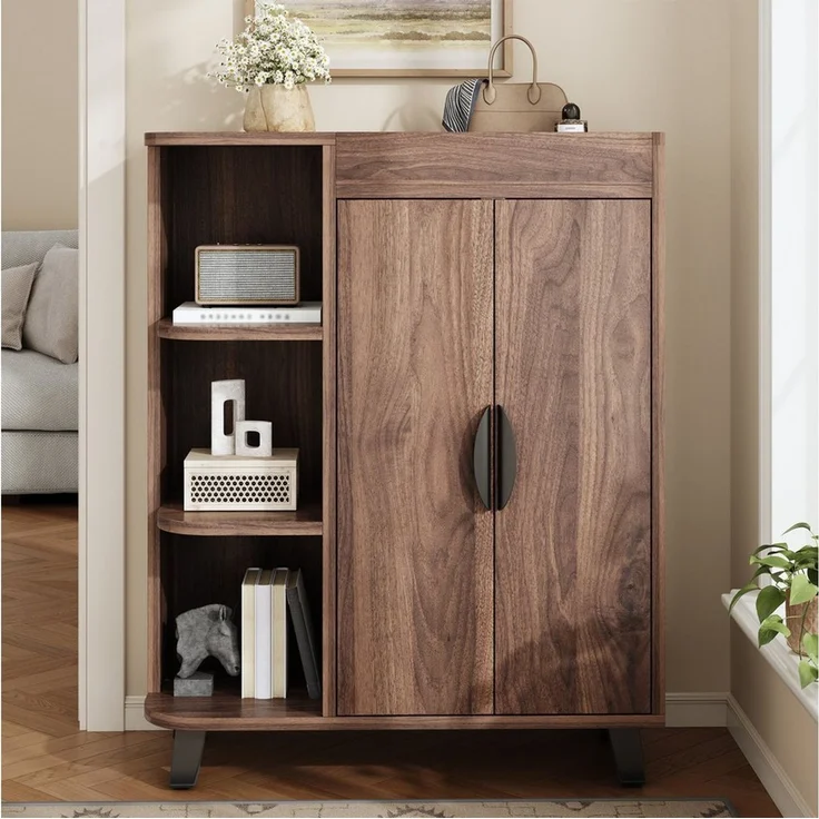 MODFU Schuhschrank 80x99x32 cm mit offenen Fächern, Nussbaum (Packung, 1-St, schmal, Mehrzweckschrank für schmale Eingangsbereiche) Doppeltüriger Schuhschrank in Holzoptik, Kombination aus geschlossenen – Bild 3