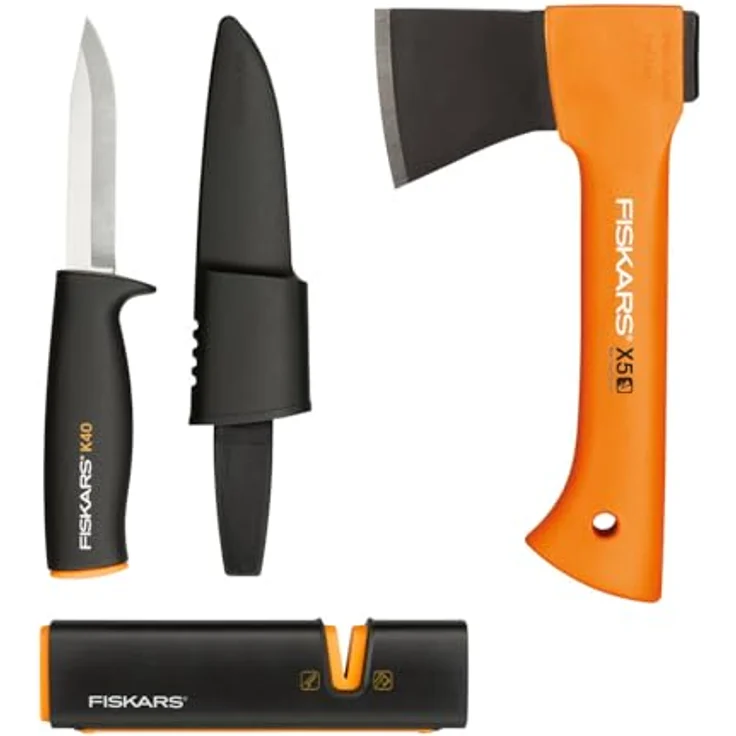 Fiskars Kaminofen-Set, Freizeitbeil X5-XXS, 23 cm, Xsharp Axt- und Messerschärfer, Keramik-Schleifkopf, Universalmesser K40, Inkl. Köcher, 22,5 cm, 1057913 – Bild 2