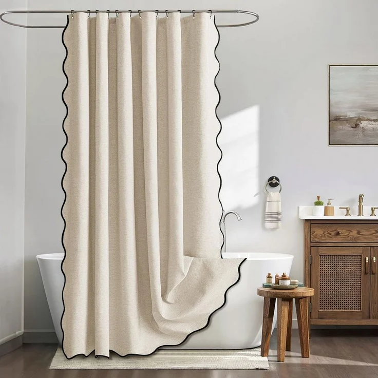 FOUORTUNATE-BEE Duschvorhang Duschvorhang Beige mit gewelltem Muster und schwarzem Rand Breite 120 cm (wasserdicht, schimmelresistent, waschbar) – Bild 2