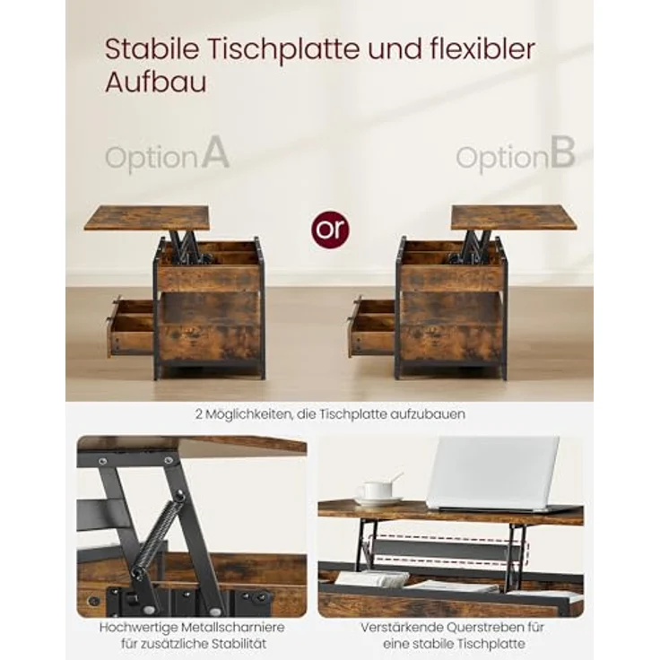 VASAGLE Couchtisch, höhenverstellbarer Wohnzimmertisch, Kaffeetisch, mit Schubladen, offenes Fach, 50 x 100 cm, vintagebraun-tintenschwarz LCT209K01 – Bild 7