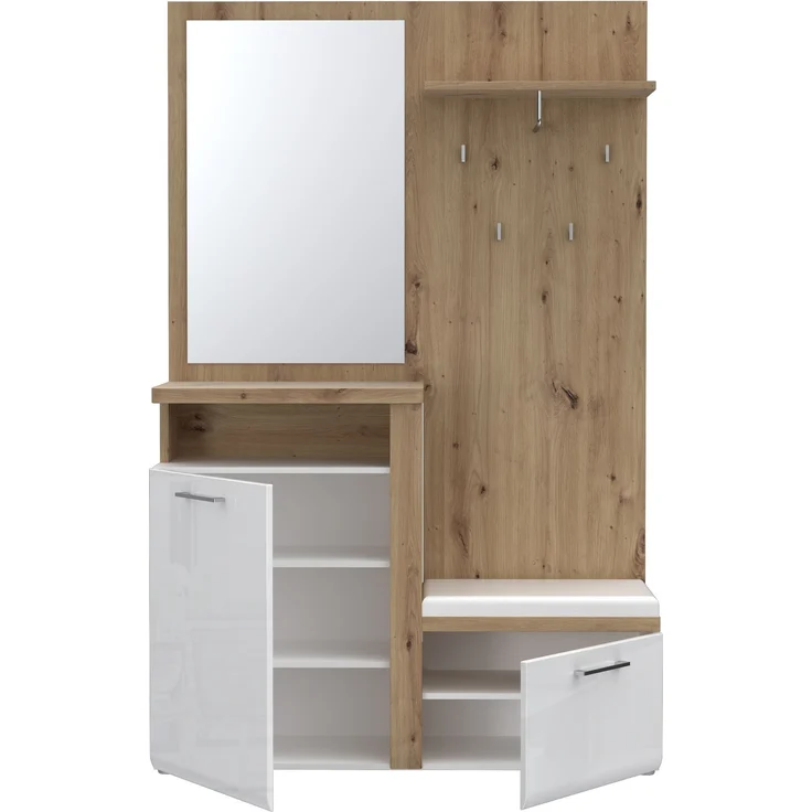 Kompaktgarderobe >TULUZA< Spiegel, Weiss / Artisan Eiche Dekor - 128,5x200,8x43,4cm (B/H/T) – Bild 3