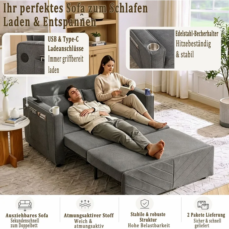 ZUBALIYA Sofa mit USB - Anschluss, für Wohnzimmer und Apartments, mit stabilem Untergestell, für den täglichen Gebrauch, Blau – Bild 10