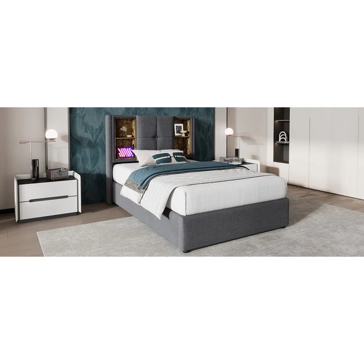 TavilaEcon Polsterbett Doppelbett mit Kabellosem Laden USB C und Stauraum beige Liegefläche 180 × 200 cm – Bild 2