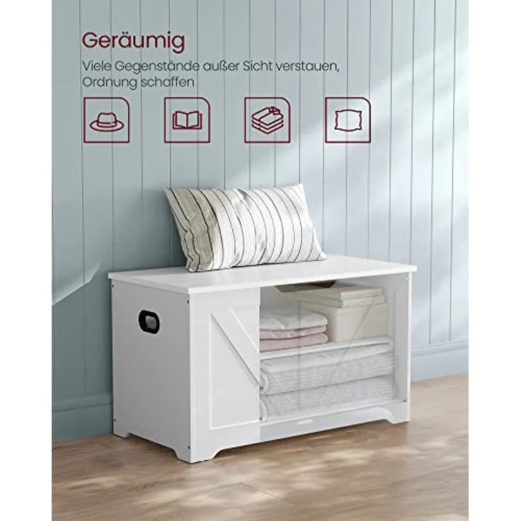 VASAGLE Schuhbank, Sitzbank mit Stauraum, Sitztruhe, 2 Sicherheitsscharniere, Aufbewahrungsschrank, Landhausstil, 40 x 80 x 46 cm, für Flur, Schlafzimmer, Wohnzimmer, wolkenweiß LSB062T14 – Bild 6