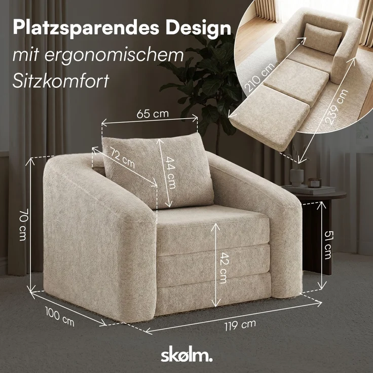 skølm 'Fjäll' Schlafsessel mit 1 Kissen, beige, Teddy-Bouclé Sessel ausklappbar, mit Liegefunktion, vakuumverpackt ohne Aufbau – Bild 8