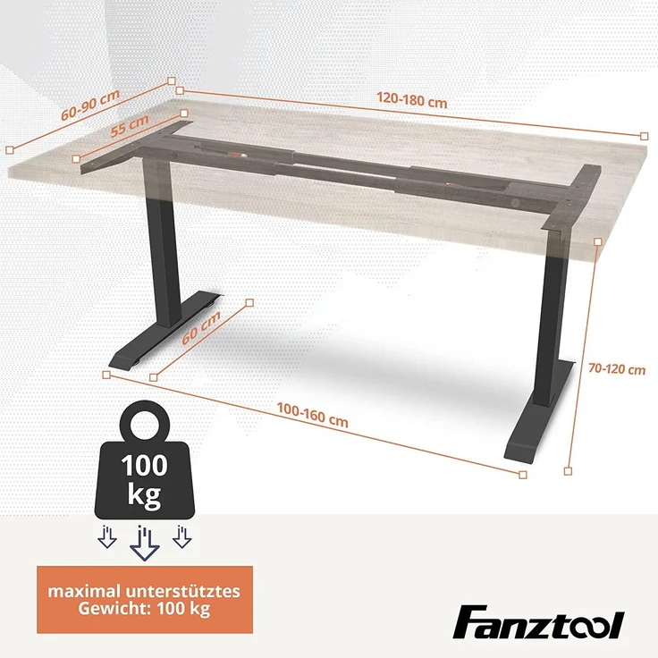 FANZTOOL höhenverstellbarer Schreibtisch-Gestell mit 2 x Bosch Motoren elektrisch stufenlos in Schwarz, Arbeitstisch Tischbeine mit Memory-Funktion, USB Steckdose, Kabelwanne – Bild 2