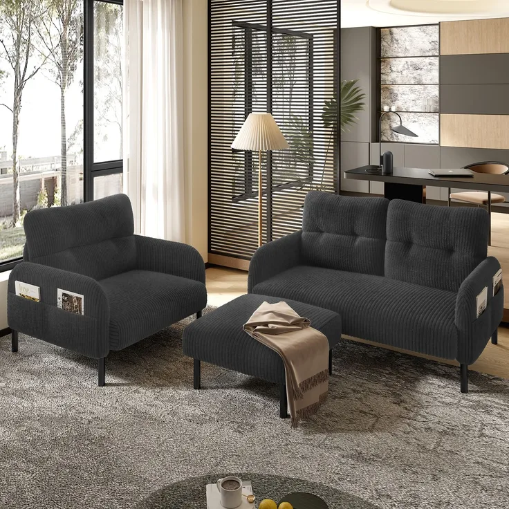 Fußhocker aus Cordstoff, moderner Polsterhocker mit stabiler Metallstruktur, weiche Polsterung & ergonomische Sitzhöhe,Grau