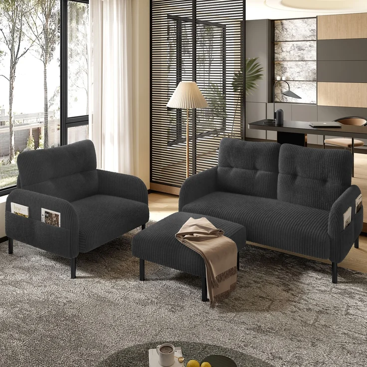 Fußhocker aus Cordstoff, moderner Polsterhocker mit stabiler Metallstruktur, weiche Polsterung & ergonomische Sitzhöhe,Grau – Bild 1