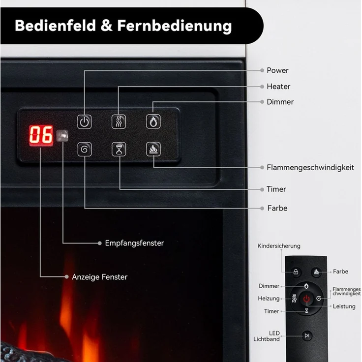 HOMAVO Elektrokamin mit Schrank, 18" 900W/1800W Elektrokamin mit Heizung, 3D-Flammeneffekt, Schrankgröße: 72 x 30 x 75cm, LED-Leiste, Fernbedienung – Bild 9