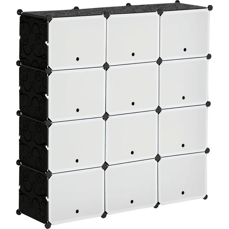 Modulares Regalsystem, Steckregal, zusammensetzbar aus 12 Würfeln 125 x 32 x 125 cm, Kunststoff+Stahl Schwarz--Schwarz+Weiß--125x32x125cm--YOUDENOVA