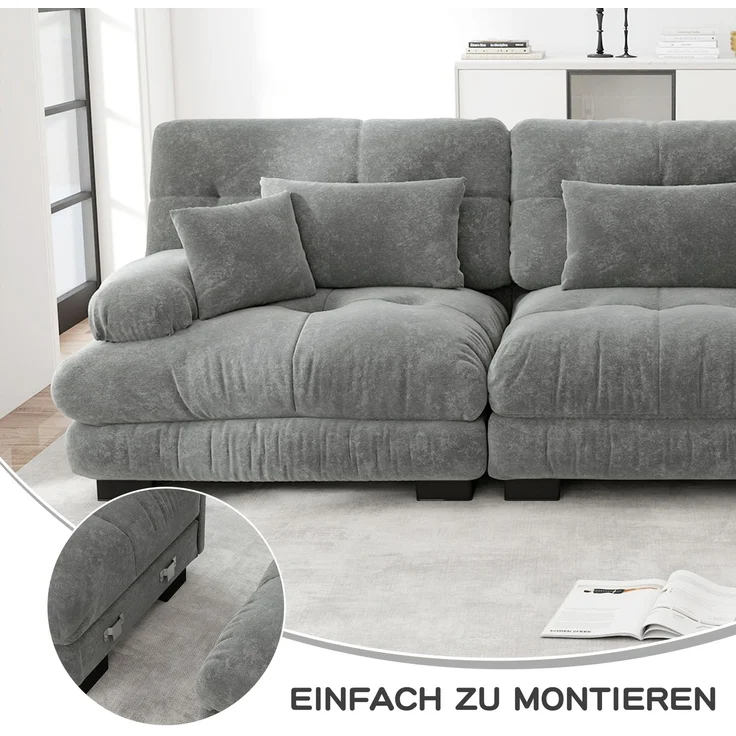 ZUBALIYA Modulare Wohnlandschaft, modular kombinierbar, mit Hocker, H 81 × T 145 × B 406 cm, Grau, Chenille – Bild 14