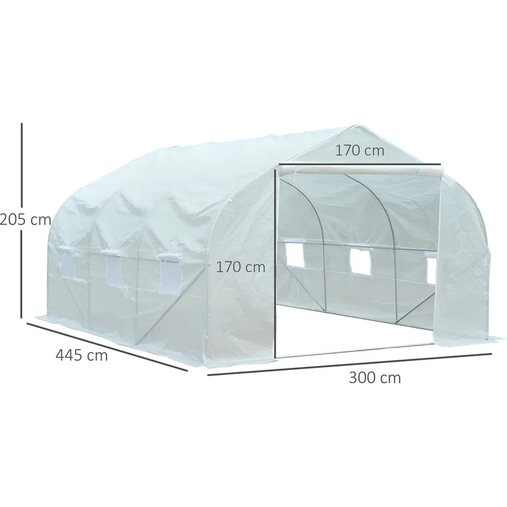 Wohnora-Gartentunnel-Gewächshaus 13,35 m² (Abmessungen 4,5 m x 3 m x 2 m) Tür + 6 Rollfenster Verzinkter Stahl Hochdichte PE-Plane Weiß,H 2050cm x T 1550cm x B 2990cm – Bild 4