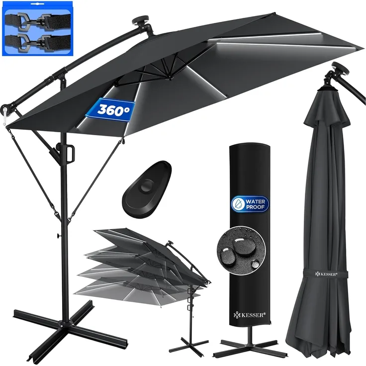 KESSER® Ampelschirm Holly Sonnenschirm Rechteckig LED Solar inkl. Abdeckung + Windsicherung mit Kurbel | Kurbel-Schirm mit Ständer UV-Schutz Aluminium Wasserabweisend Ø350cm Gartenschirm Anthrazit