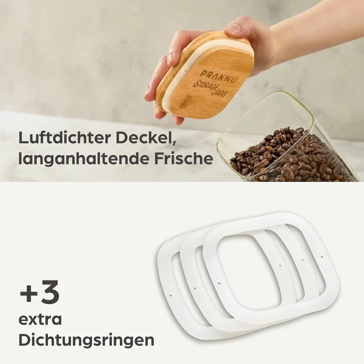 Praknu Vorratsglas Vorratsdosen mit Deckel luftdicht Glas - 3er Set Vorratsgläser eckig, Borosilikatglas, (Set, 3-tlg), Aufbewahrung Küche Lebensmittel aus Glas rechteckig mit Bambusdeckel – Bild 3
