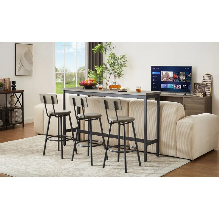 Bartisch-Set 160x40x95,5 cm mit 3 Barhockern, Schwarz/Grau, Spanplatte und Stahl – Bild 2