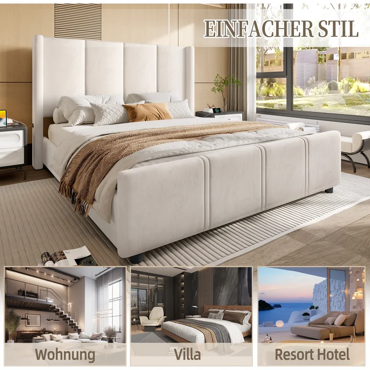 LVHOM Polsterbett hohem Kopfteil & Fußteil 140x200 cm Bettgestell, integriertem USB/Type-C-Anschluss und hochwertigem Samtstoff, Doppelbett – Bild 8