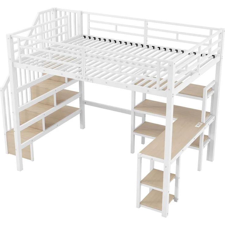 140x200 Metall-Hochbett mit Treppe, integriertem Schreibtisch, Staufächern, USB-Ladestation und LED-Licht, Weiß – Bild 1