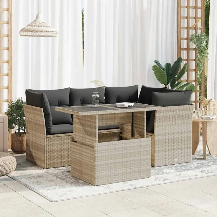 vidaXL 5-tlg. Garten-Sofagarnitur mit Kissen Hellgrau Poly Rattan 3326153 – Bild 1