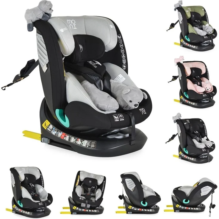 Moni Kindersitz Serengeti i-Size (40-150cm) Isofix, Kuscheltier, Nackenkissen grau – Bild 1