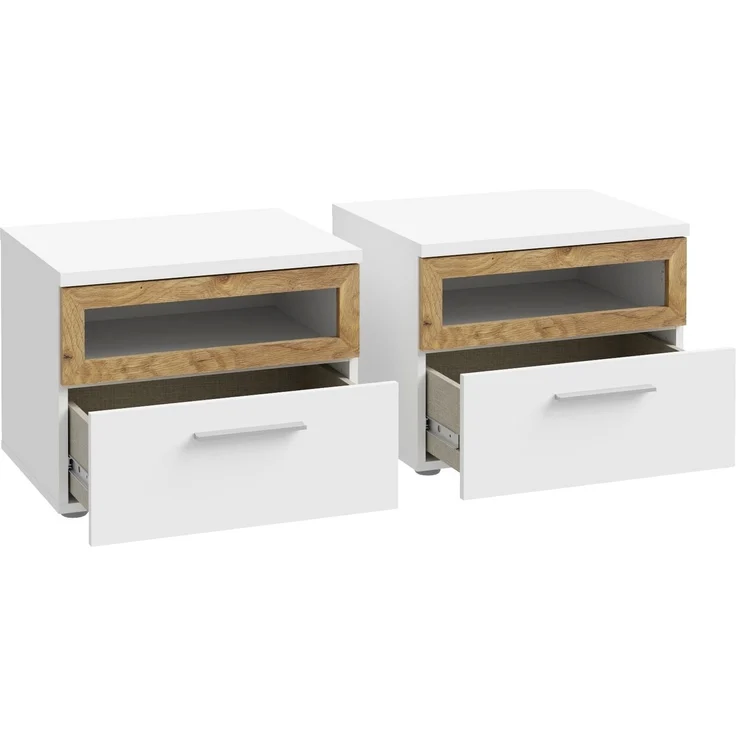 Nachtkommode >MAYACUS< 2er Set, 1 Schublade, 1 Fach, weiß, Eiche Dekor - 52x40,8x41,3cm BxHxT – Bild 3