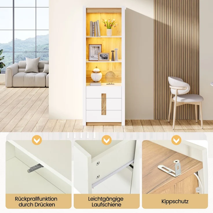 Vitrine 63 x 41,5 x 200 cm aus Spanplatte mit Schubladen und Bluetooth-LED-Beleuchtung – Bild 8