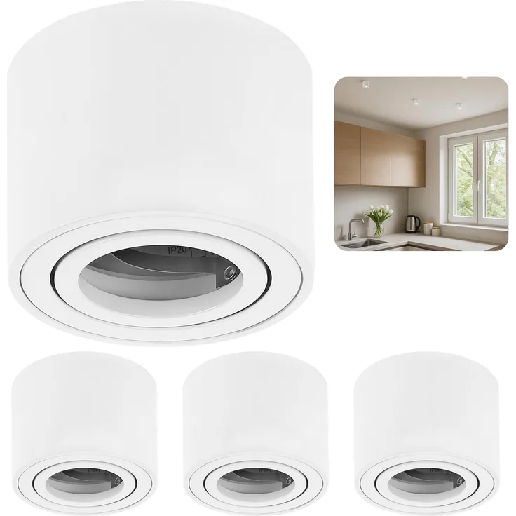 Sweet LED Aufbauleuchte 4er Set Deckenspots 50mm weiß-matt rund – geeignet für LED-Modul 230V, flach, ohne Leuchtmittel, Aufbaustrahler LED, Deckenstrahler