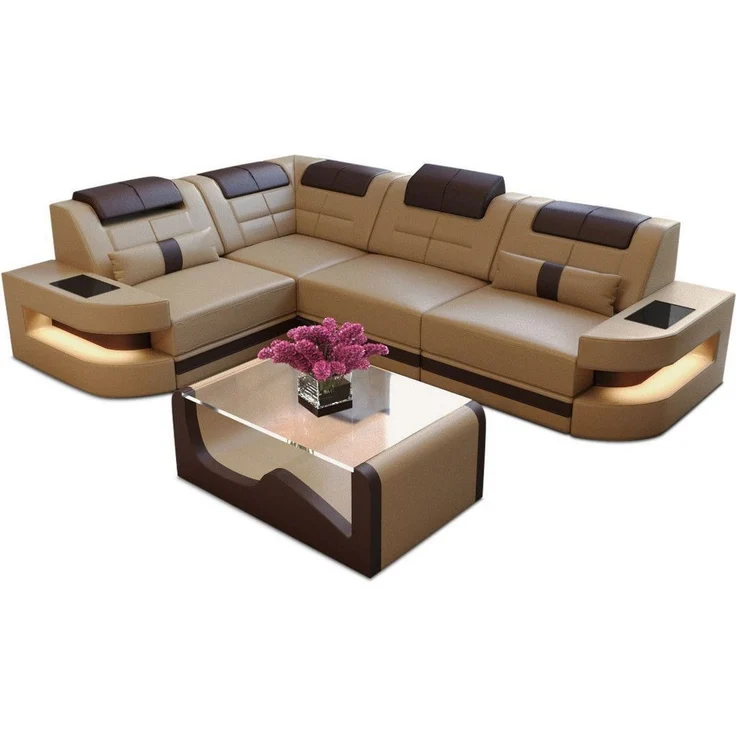 Mini Designersofa Como L-Form Leder - Echtleder - Sandbeige-Dunkelbraun - Rechts – Bild 4