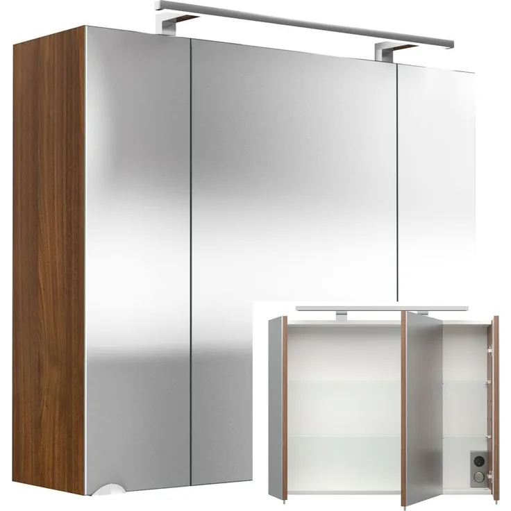 Spiegelschrank 80cm Walnuss Nb. RIMAO-100 mit LED-Beleuchtung, B x H x T: ca. 80 x 68 x 20 cm