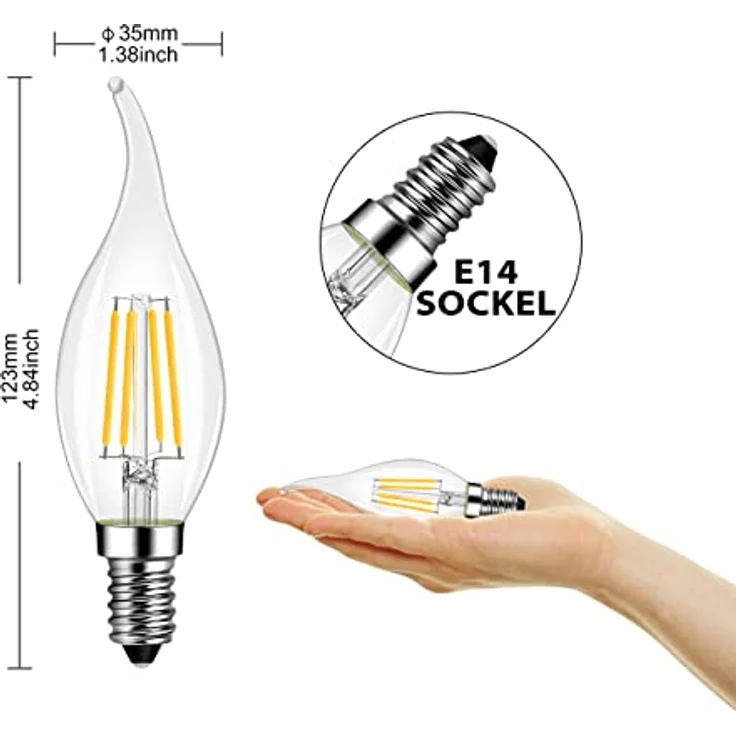 LVWIT LED Kerze Lampe E14, 470 lm, warmweiß 2700K, ersetzt 40 Watt, nicht dimmbar, Classic Kerzenform Filament, klar (6er Pack) – Bild 6