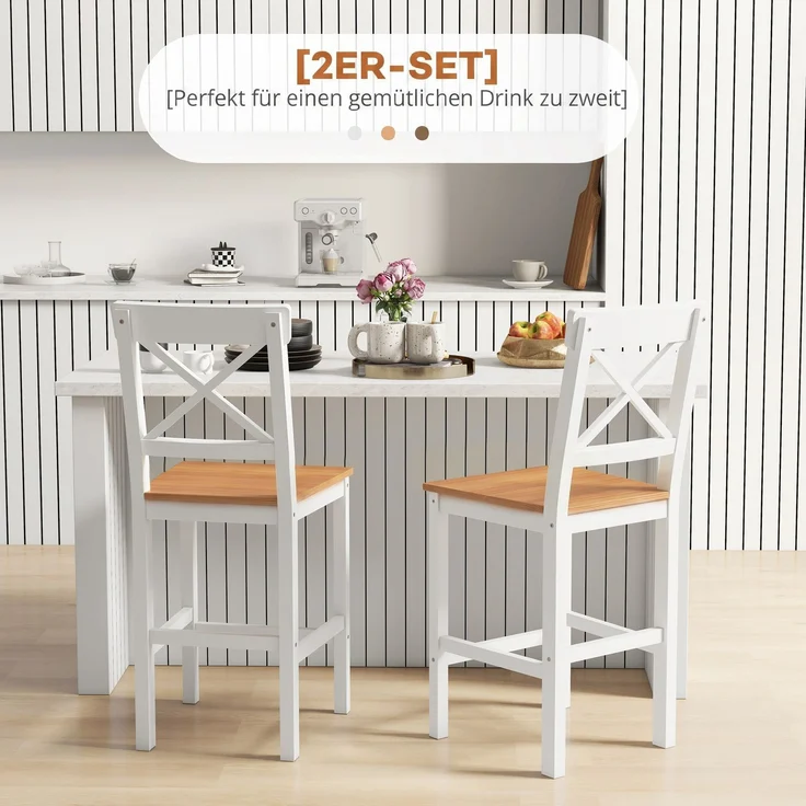 Barhocker 2er Set Barstuhl aus Kiefernholz mit Fußstütze, Lehne, Landhaus-Stil für Küche, Wohnzimmer, Natur--Naturholz--97.5x41x46cm--YOUDENOVA – Bild 6