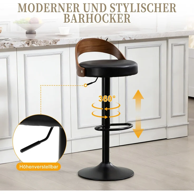 LVHOM Barstuhl 2er Set, 360° drehbarer Barhocker mit Rückenlehne und Fußstütze, höhenverstellbarer Tresenhocker aus Bugholz & PU-Leder, Schwarz – Bild 3