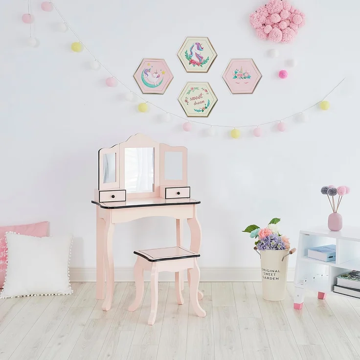 Fantasy Fields Kinder Holz Schminktisch mit Spiegel und Hocker Rosa/Schwarz TD-13028P – Bild 5