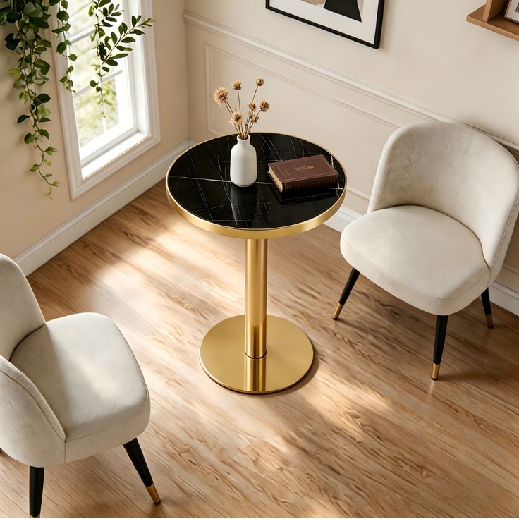 Runder Beistelltisch 59,5cm×59,5cm×73,5cm mit Marmoroptik – Tischplatte und goldfarbenem Edelstahlgestell – Bild 4