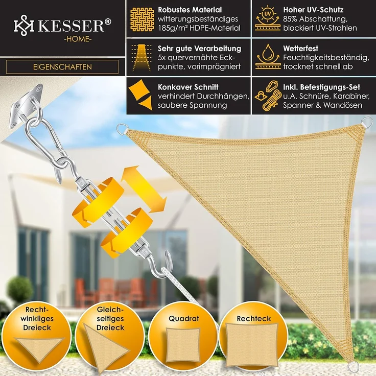 KESSER® Sonnensegel Sonnenschutz Windschutz Inkl. Befestigungsmaterial mit Ösen| HDPE Gewebe | wasserabweisend & windabweisend | Dreieck 2.5 x 2.5 x 3.5 m | Schattenspender Garten Balkon Terrasse – Bild 2