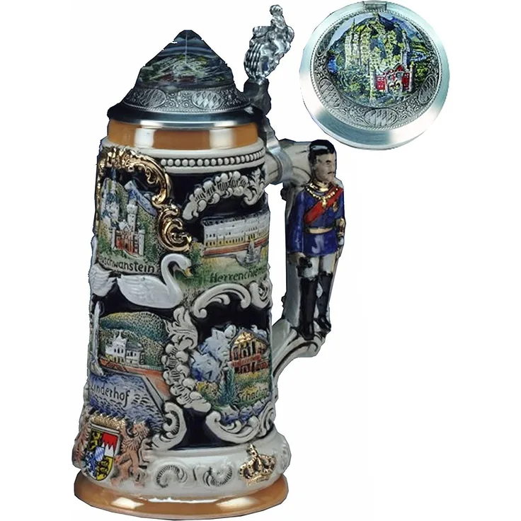 KING Bierkrug Bayrische Schlösser mit König Ludwig Henkel, Neuschwanstein-Kristalldeckel Seidel 0,75 Liter Bierseidel KI 309-LHK 0,75L Ludwig