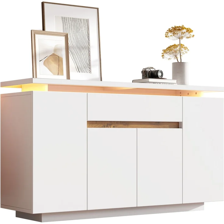 DESVIAE Sideboard mit LED-Beleuchtung und Schublade 140x80x40 cm Spanplatte Weiß – Bild 7