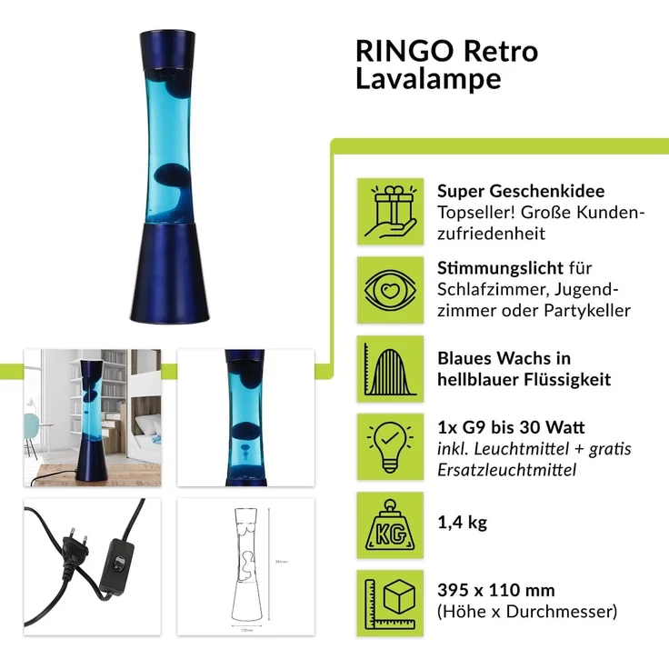 Licht-Erlebnisse Lavalampe RINGO, Warmweiß, Retro Lampe Blau Pink inkl. G9 Leuchtmittel Tischleuchte – Bild 8