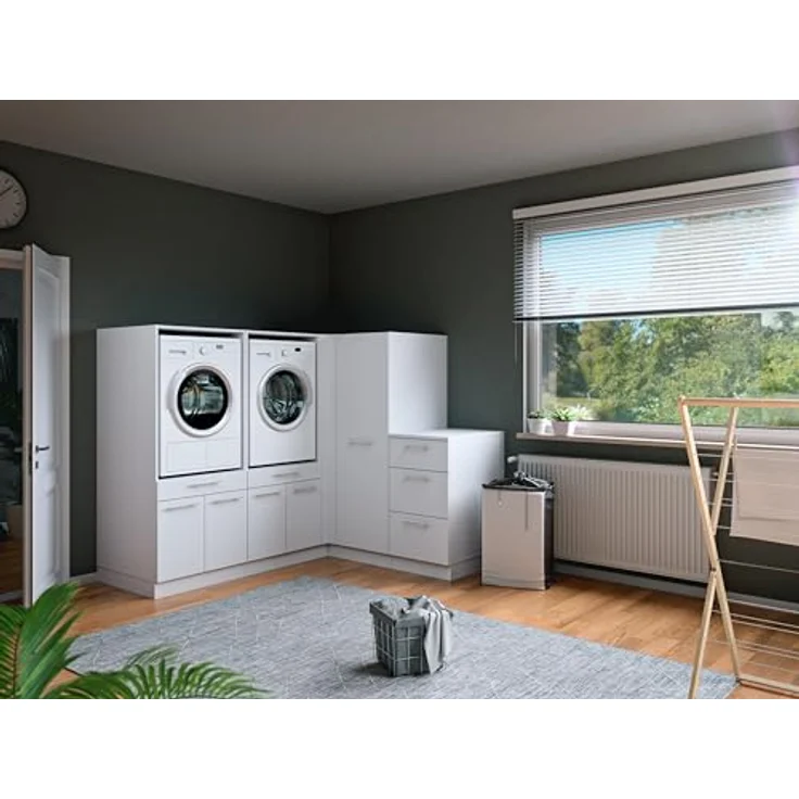 Laundreezy Waschraum Komplett-Set, Weiß - Modulares Schranksystem für Waschküche & Hauswirtschaftsraum - 203 x 162 x 68 cm (B/H/T) – Bild 3