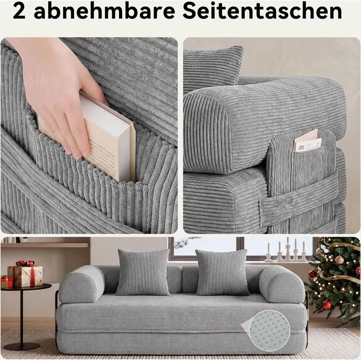 Aoxun Kordstoff Schlafsofa 200×97×70cm, 5-in-1 Umwandelbares Bodensofa, Hochdichter Schaumstoff, Haustierfreundlich, Keine Montage, Grau – Bild 8