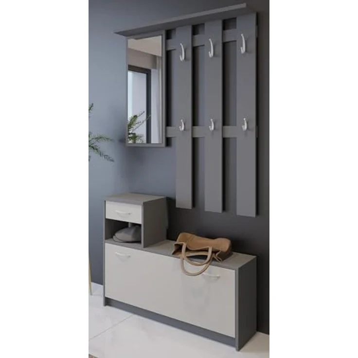 Dmora - Eingangsmöbel Sargassi, Moderner Eingang, Wandgarderobe, Multifunktions-Aufbewahrungskonsole, 100x26h190 cm, Anthrazit und Weiß – Bild 5