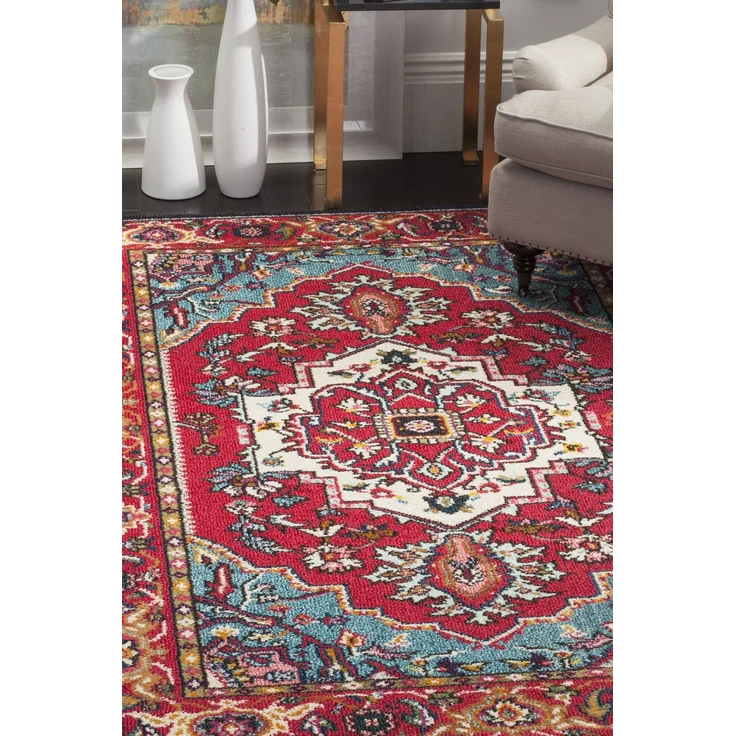 SAFAVIEH Boho Teppich für Wohnzimmer, Esszimmer, Schlafzimmer - Monaco Collection, Kurzer Flor, Rot und Türkis, 201 X 279 cm