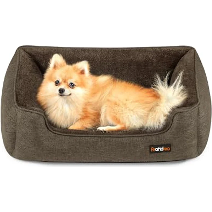 Feandrea Hundebett, Hundekissen in Leinenoptik, Hundekorb, erhöhte Ränder, rutschfeste Unterseite, Bezug abnehmbar waschbar, M, für kleine Hunde, 70 x 55 x 21 cm, braun PGW10CC – Bild 2