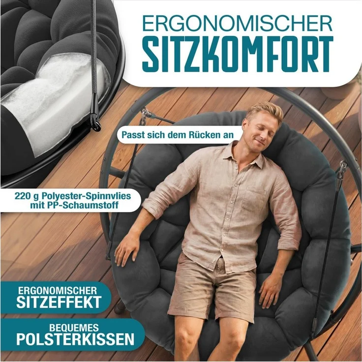 KESSER® 'BALI' Hängesessel, mit Gestell, bis 150kg, für Indoor und Outdoor + Kissen & Seitentasche, Stahlgestell/Schaumstoff Schwarz, 167,5 x 140 x 115,5 cm – Bild 3