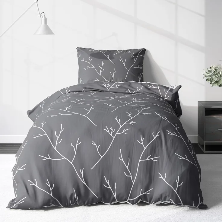 LINKHOFF Wendebettwäsche Biber Bettwäsche 135x200 / 155x220cm - Zweigemuster in Grau Weiß, Anthrazit Zweige 100% Baumwolle Bettwäsche-Set Aesthetic Floral