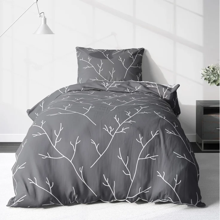 LINKHOFF Wendebettwäsche Biber Bettwäsche 135x200 / 155x220cm - Zweigemuster in Grau Weiß, Anthrazit Zweige 100% Baumwolle Bettwäsche-Set Aesthetic Floral – Bild 1