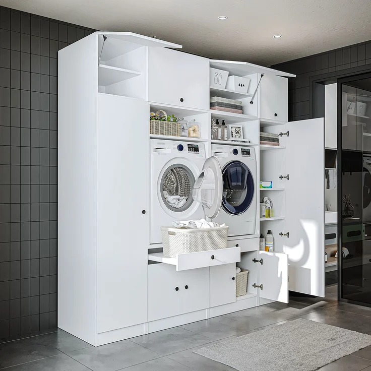 Roomart Waschmaschinenumbauschrank & Schrankwand für Waschküche - SERIE 1 - | 224 cm breit | Waschmaschine & Trockner | Mit Ausziehbrett | Hauswirtschaftsraum Möbel • Weiß – Bild 2