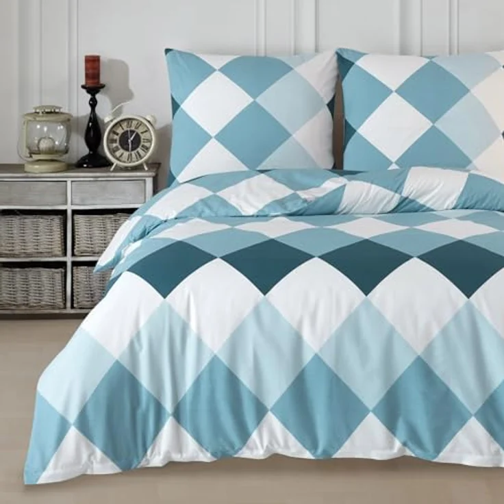 Buymax Bettwäsche Anaga, Bettgarnitur, Bettbezug Set, Renforce: 100% Baumwolle, 2 teilig, mit Reißverschluss, modern gemustert, Karo, Blau, Petrol, 135x200 cm – Bild 2
