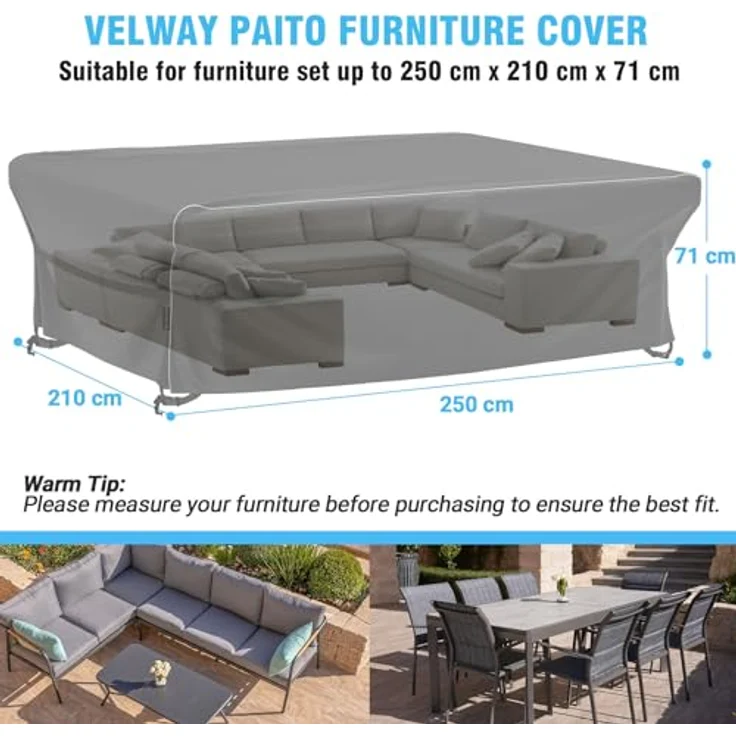 Velway Gartenmöbel Abdeckung Wasserdicht 250 x 210 x 71 cm - Winddicht Schutzhülle mit Reflektierender Streifen 600D Oxford Möbelsets Abdeckung Staubfest Abdeckhauben für Gartentisch Sitzgruppe Schwarz – Bild 3